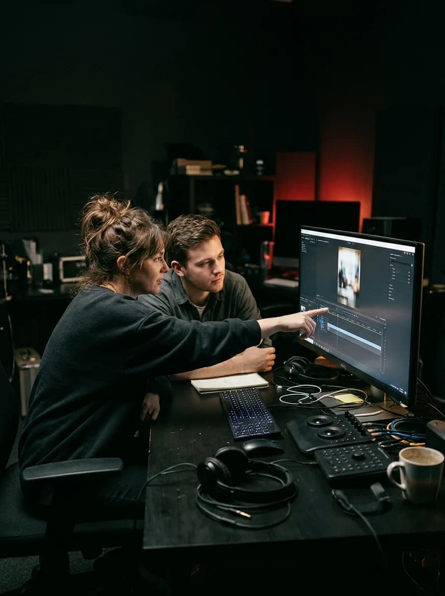 Two video editors at a dark edit desk, one pointing at a vertical video on the monitor
