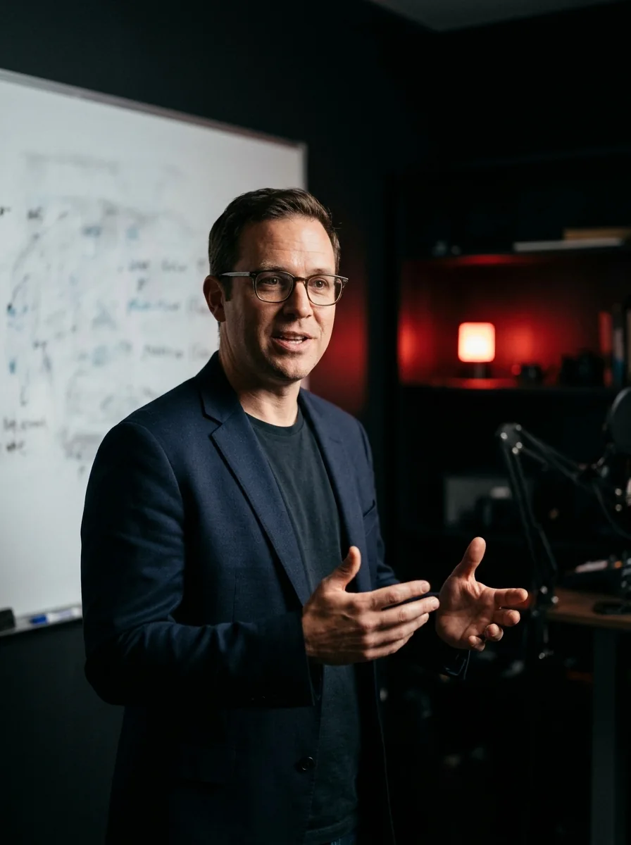A speaker gesturing as he gives a talk to camera in front of a whiteboard
