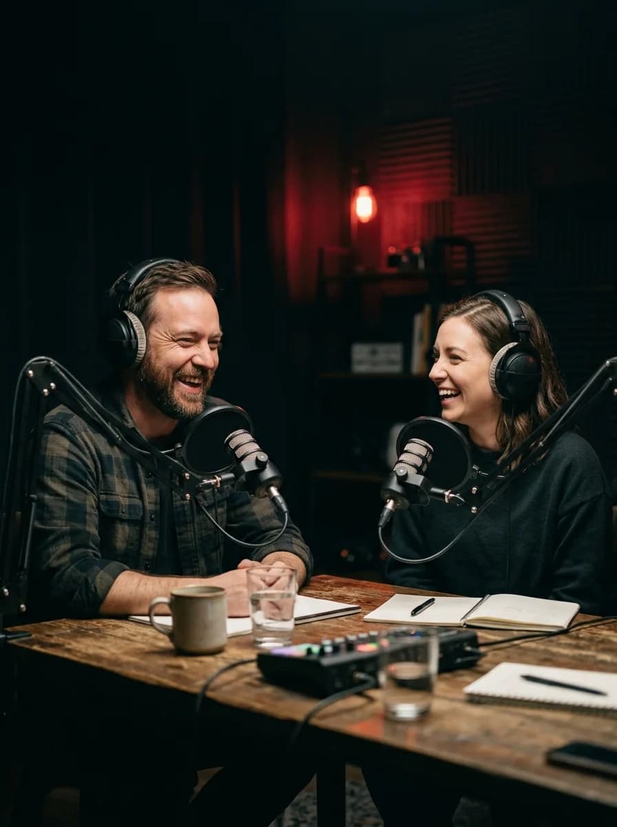 Two podcast hosts laughing at a wooden desk with microphones and headphones