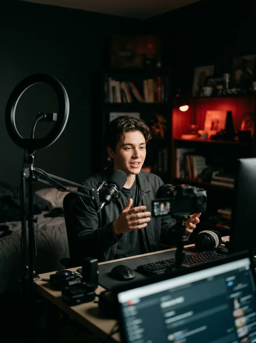 A young streamer talking to camera at a desk with a microphone and ring light