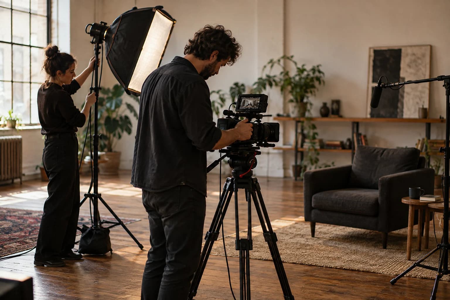 A film crew setting up cameras and lights on a set