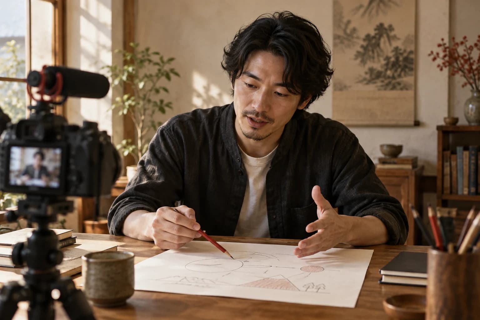 An educator preparing a recorded lesson at a desk with a camera
